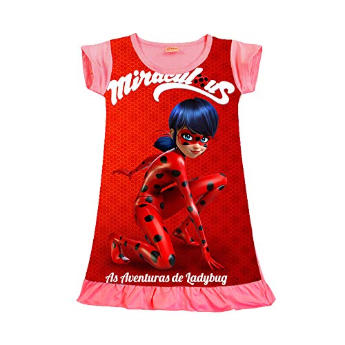 Miraculous Ladybug Vestido Vestido de impresión Popular Vestido Largo de Manga Larga con Cuello Redondo Vestido de Camiseta niña (Color : Rosy, Size : 110)