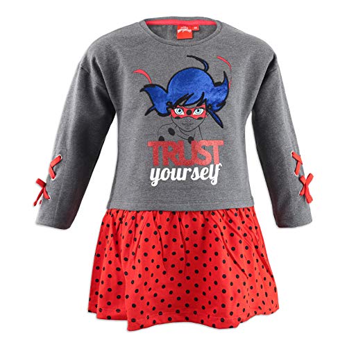 Miraculous LadyBug y Cat Noir – Vestido de manga larga con lazos, Top afelpado, falda de lunares – Full Print – Niña 1138 Grigio 6 Años-116 cm