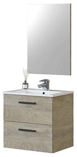 Miroytengo Mueble baño Aruba Color Roble Alaska 2 cajones y Espejo Estilo Industrial 60x45 cm con Lavabo CERÁMICO