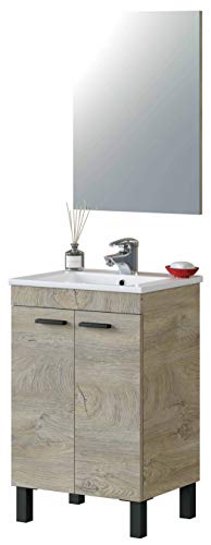 Miroytengo Pack de baño Aseo Color Roble Alaska con Mueble, Espejo, Lavabo y Columna Industrial Lavabo Incluido