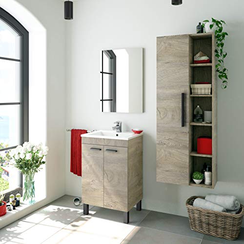 Miroytengo Pack de baño Aseo Color Roble Alaska con Mueble, Espejo, Lavabo y Columna Industrial Lavabo Incluido