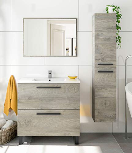 Miroytengo Pack de baño Athena Color Roble Alaska Estilo Industrial Moderno (Mueble, Espejo, Lavabo y Columna)