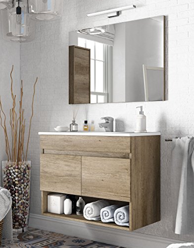 Miroytengo Pack mobiliario baño con Mueble, Espejo, Lavabo de cerámica y Armario Auxiliar diseño Moderno