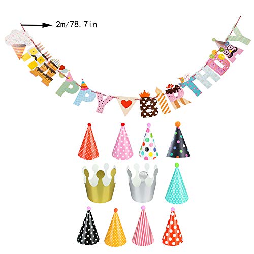 Mirrwin Pastel de Purpurina Decorar Toppers Baby Shower Party Favor Suministros Sombreros de Fiesta de Cumpleaños Sombrero de Cono de Papel con Pompones Decoración y Suministros para Fiestas Banner