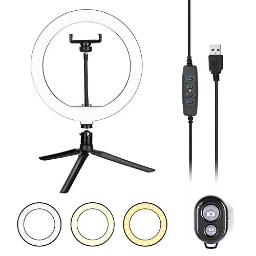 MissZZ Anillo de luz LED con Soporte para trípode, Kit de luz de Anillo autofoto Regulable de 10"3 Modos de Color 10 Brillo, Soporte para teléfono con Receptor Bluetooth para fotografía Youtube Vi