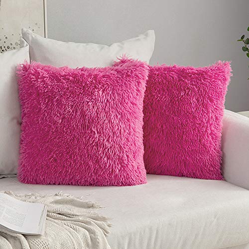 MIULEE Juego de 2 Cojines Pelo Protectores Faux Fur Throw Funda de cojín Deluxe Home Decorativo Cuadrados y Suaves Cojines PeloPara la Hogar Sofá Cama del 45x45cm Rosa Roja