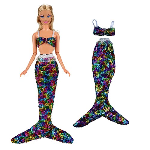 Miunana 6 Artículos: 3 Traje de baño sirena (Verde, Rojo, Púrpura) + 1 Camisón Rosado + 1 Traje de baño sirena con Lentejuelas arco iris + 1 Cola de pescado con plástico para 11.5 Pulgadas Muñeca