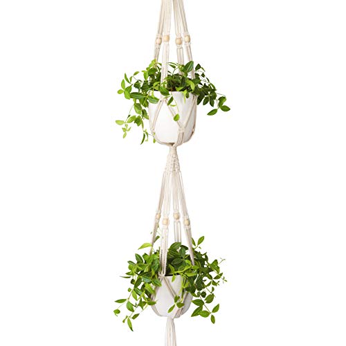 Mkouo Macramé Suspensión de Plantas 3 Niveles Interior Outdoor Cesta Colgante de Maceta Cuerda de Algodon with Beads 178cm