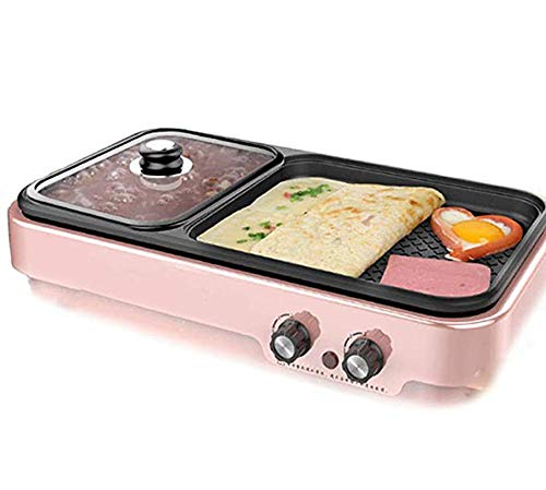 MKXF Baking Pot, Humo multifunción Parrilla del hogar Libre no es pegajoso 2 en 1 máquina eléctrica Barbacoa Hot Pot Cubierta,Rosado