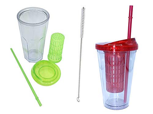 ML Pack 2 Vasos de Batidos infusiones de plástico sin BPA con Tapa y Pajitas - Bebidas heladas y frías Doble Pared Envase Transparente 710ml Colores Verde Rojo