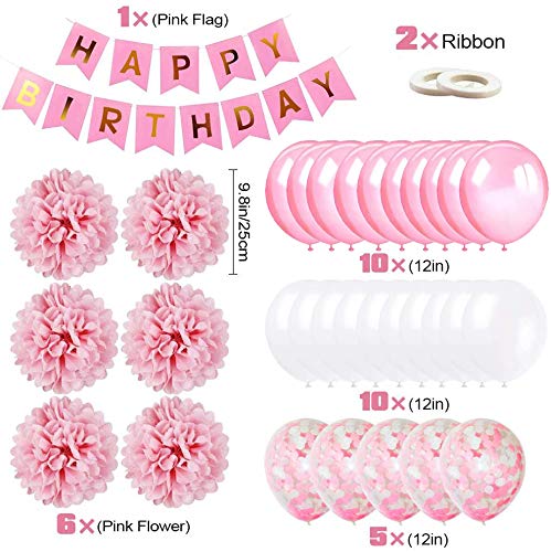 MMTX Decoración de Cumpleaños para Niña, Rosa Feliz Cumpleaños Conjunto de Pancartas de Feliz Cumpleaños con Globos Rosados y Pompones de Papel Tisú Para Niña