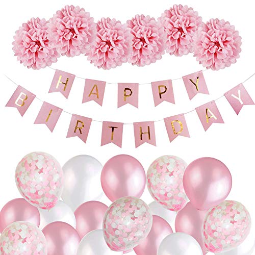 MMTX Decoración de Cumpleaños para Niña, Rosa Feliz Cumpleaños Conjunto de Pancartas de Feliz Cumpleaños con Globos Rosados y Pompones de Papel Tisú Para Niña