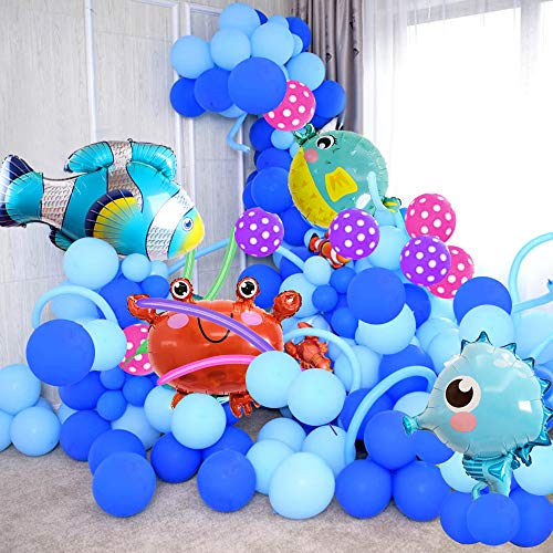 MMTX Decoración de Fiesta de cumpleaños de mar Azul con Animales Marinos pez Globo pez Globo Globo de Cangrejo hipocampo, Kit de Suministros para Fiestas para niños con Pancarta