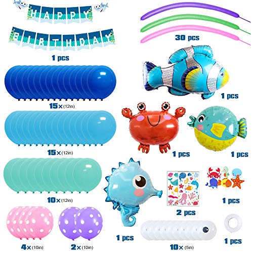 MMTX Decoración de Fiesta de cumpleaños de mar Azul con Animales Marinos pez Globo pez Globo Globo de Cangrejo hipocampo, Kit de Suministros para Fiestas para niños con Pancarta