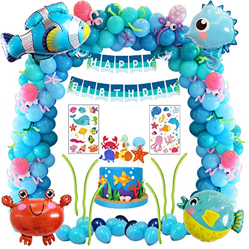 MMTX Decoración de Fiesta de cumpleaños de mar Azul con Animales Marinos pez Globo pez Globo Globo de Cangrejo hipocampo, Kit de Suministros para Fiestas para niños con Pancarta