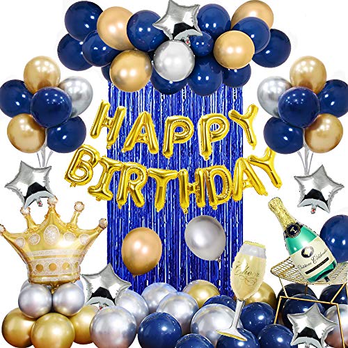 MMTX Fiesta cumpleaños Azul Plata y Oro Globos para adultos Hombres Amigos Mujeres,Birthday Bandera Globo Cortina seda lluvia para 18vo 20o 30o 40o 50o 60o 70mo Cumpleaños Decoraciones de Fiesta