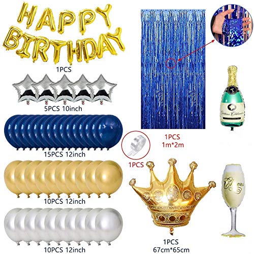 MMTX Fiesta cumpleaños Azul Plata y Oro Globos para adultos Hombres Amigos Mujeres,Birthday Bandera Globo Cortina seda lluvia para 18vo 20o 30o 40o 50o 60o 70mo Cumpleaños Decoraciones de Fiesta