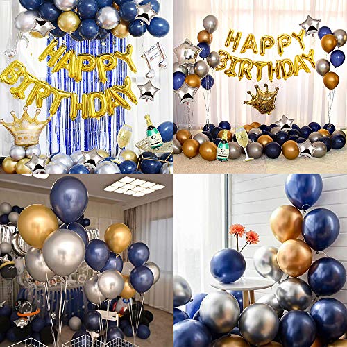 MMTX Fiesta cumpleaños Azul Plata y Oro Globos para adultos Hombres Amigos Mujeres,Birthday Bandera Globo Cortina seda lluvia para 18vo 20o 30o 40o 50o 60o 70mo Cumpleaños Decoraciones de Fiesta