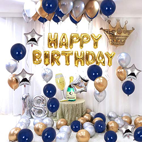 MMTX Fiesta cumpleaños Azul Plata y Oro Globos para adultos Hombres Amigos Mujeres,Birthday Bandera Globo Cortina seda lluvia para 18vo 20o 30o 40o 50o 60o 70mo Cumpleaños Decoraciones de Fiesta