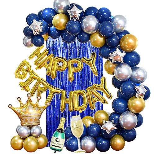 MMTX Fiesta cumpleaños Azul Plata y Oro Globos para adultos Hombres Amigos Mujeres,Birthday Bandera Globo Cortina seda lluvia para 18vo 20o 30o 40o 50o 60o 70mo Cumpleaños Decoraciones de Fiesta