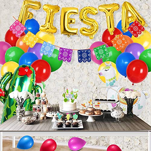 MMTX Mexicana Fiesta Decoraciones De Cumpleaños Coloridas con Abanicos de Papel Alpaca Cactus Globos Bandera Mexicana Guirnaldas Torta de Cumpleaños para Cinco de Mayo Fiesta de Cumpleaños