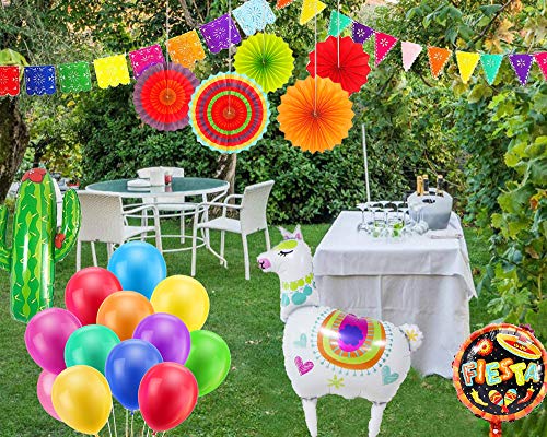 MMTX Mexicana Fiesta Decoraciones De Cumpleaños Coloridas con Abanicos de Papel Alpaca Cactus Globos Bandera Mexicana Guirnaldas Torta de Cumpleaños para Cinco de Mayo Fiesta de Cumpleaños