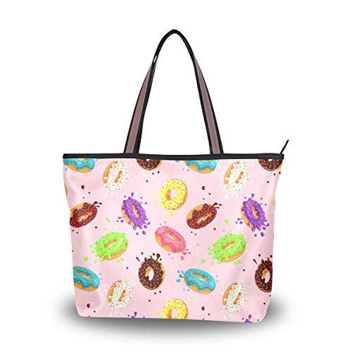 Mnsruu - Bolso de mano con cremallera para mujer, tamaño grande, bolsa de hombro casual, L (rosquillas con rosa), color, talla Medium