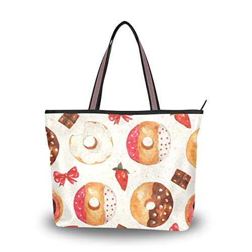 Mnsruu - Bolso de mano con cremallera para mujer, tamaño grande, bolsa de hombro informal, L (rosquillas de acuarela vintage, fresas), color, talla Medium