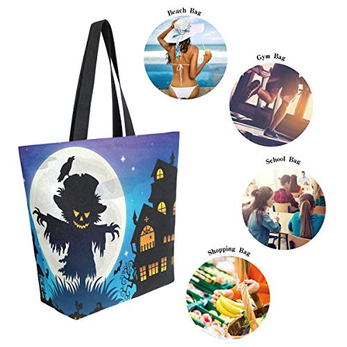 Mnsruu Halloween Scarecrow House Calabaza comestibles Bolsa de Mano Reutilizable para Mujer Bolso de Mano Grande Casual Bolsa de Hombro para Compras comestibles Viajes al Aire Libre