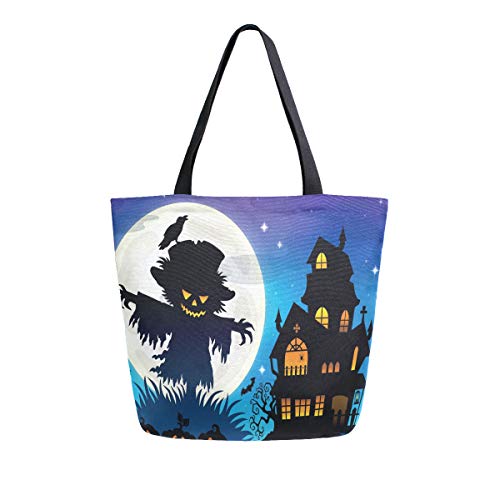 Mnsruu Halloween Scarecrow House Calabaza comestibles Bolsa de Mano Reutilizable para Mujer Bolso de Mano Grande Casual Bolsa de Hombro para Compras comestibles Viajes al Aire Libre