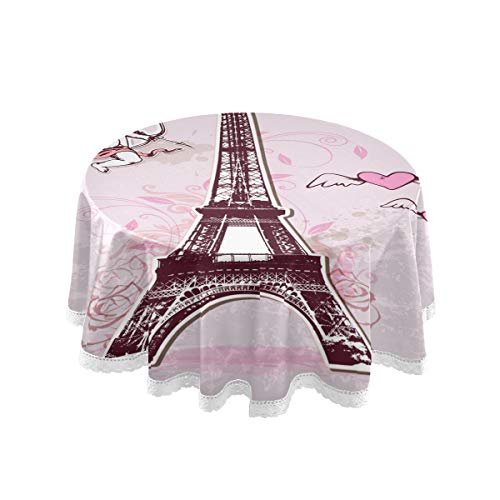 Mnsruu - Mantel Redondo de Encaje para Mesa de Buffet, Fiestas, cenas de Vacaciones, con diseño de corazón de Rosa de Torre Eiffel de 60 Pulgadas