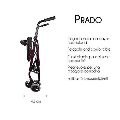 Mobiclinic, Modelo Prado, Andador para minusválidos, ancianos, Rollator, de aluminio, ligero, plegable, frenos por presión, con asiento, cesta y 4 ruedas, Color Burdeos