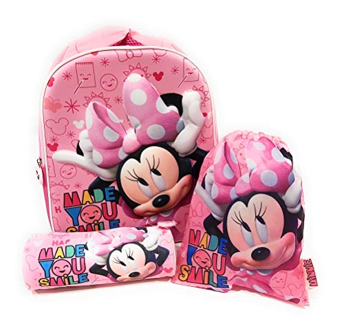 Mochila Minnie Mouse 3D Infantil para niñas (32 cms) + Estuche Minnie Mouse Portatodo + Bolsa Minnie Mouse para Merienda