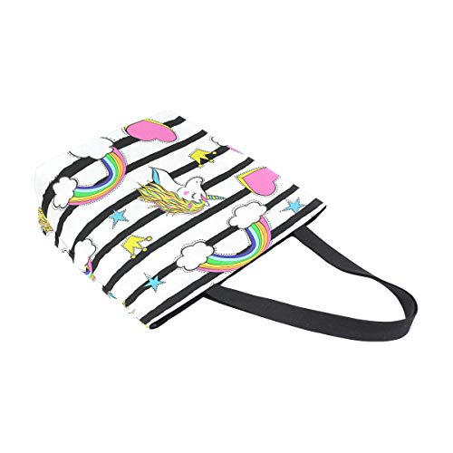 Moda Casual reutilizable bolsas de comestibles blanco y negro rayas de dibujos animados unicornio de arco iris hombres mujeres bolso de hombro lona