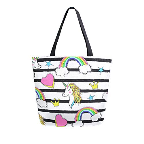 Moda Casual reutilizable bolsas de comestibles blanco y negro rayas de dibujos animados unicornio de arco iris hombres mujeres bolso de hombro lona