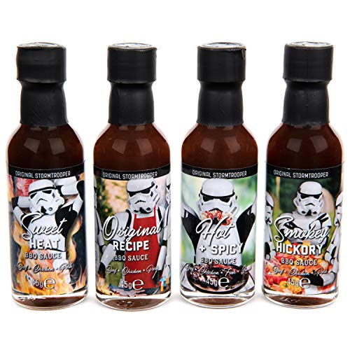 Modern Gourmet Foods, Set de Regalo Original de Salsas de Barbacoa de "Stormtrooper", Sabores que Incluyen Dulce-Picante, Original, Caliente y Picante, y salsa Barbacoa Ahumada, Paquete de 4