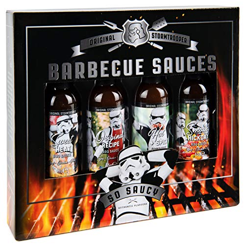 Modern Gourmet Foods, Set de Regalo Original de Salsas de Barbacoa de "Stormtrooper", Sabores que Incluyen Dulce-Picante, Original, Caliente y Picante, y salsa Barbacoa Ahumada, Paquete de 4