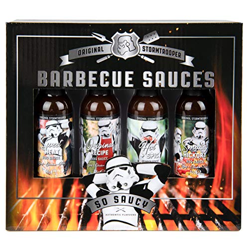 Modern Gourmet Foods, Set de Regalo Original de Salsas de Barbacoa de "Stormtrooper", Sabores que Incluyen Dulce-Picante, Original, Caliente y Picante, y salsa Barbacoa Ahumada, Paquete de 4