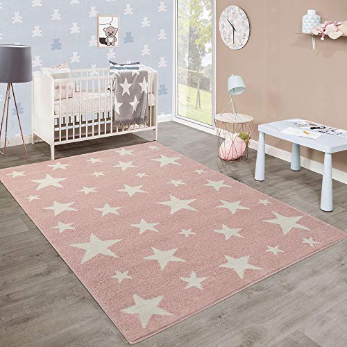 Moderna Alfombra Pelo Corto Estrellas Habitación Infantil Pastel Rosa Blanco, tamaño:160x220 cm