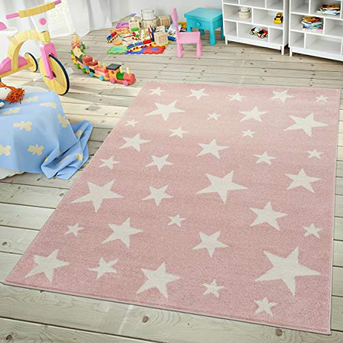 Moderna Alfombra Pelo Corto Estrellas Habitación Infantil Pastel Rosa Blanco, tamaño:160x220 cm