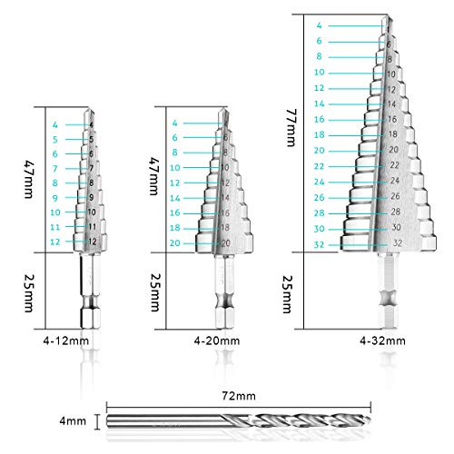 MOHOO Brocas Escalonadas, Juego de 3 Brocas Cónicas + 1 Broca Helicoidal para Taladro para Metal Acero de Alta Velocidad 4-12mm / 4-20mm / 4-32mm Hss Titanio para Acero, Madera, Plástico, etc.