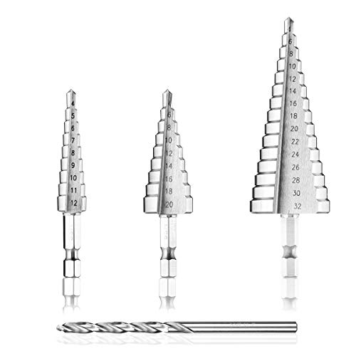 MOHOO Brocas Escalonadas, Juego de 3 Brocas Cónicas + 1 Broca Helicoidal para Taladro para Metal Acero de Alta Velocidad 4-12mm / 4-20mm / 4-32mm Hss Titanio para Acero, Madera, Plástico, etc.