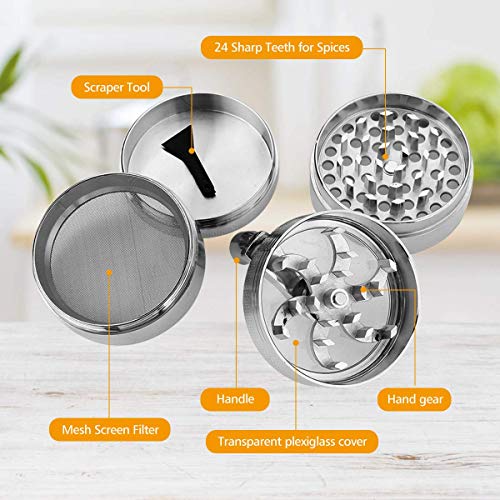 MOHOO Grinder Manual 4 Piezas, Grinder Metálico con Rascador Polen Colector, Trituradora para Hierbas Tabacos Especias en Hogar(55 mm Plata)