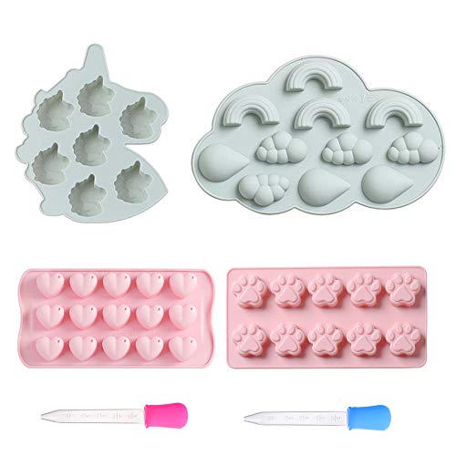 Molde de gelatina de corazón/Nubes Moldes de goma/Moldes de caramelo de garra Silicona, paquete de 4 moldes pequeños de caramelo con 2 goteros para gominolas, chocolate, gelatina