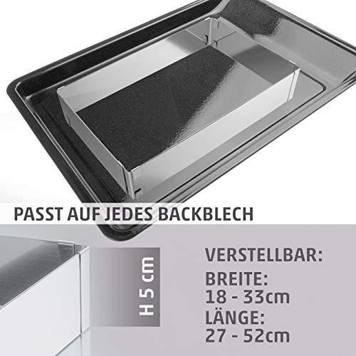 MOLDE DE HORNO Vario rectangular de 4smile - Hecho en Alemania | MOLDE PARA TORTA ajustable | Utensilios para hornear y decorar todas las tortas y pasteles de 5 cm de alto | Sin / con uno / con dos separadores | Acero inoxidable 100% libre de óxido