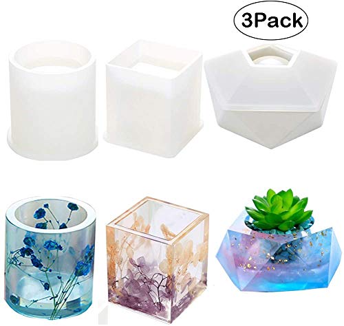 Molde de silicona de resina, de Velidy DIYResin, incluye moldes redondos, cuadrados, de silicona hexagonal para hormigón, posavasos, macetas, ceniceros, portavelas 3Pack(round+Square+diamond)