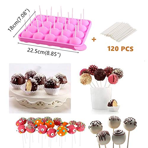 Molde de Silicona para Cake Pop, 20 moldes Redondos +120 Sticks, Molde de Silicona para Dulces, gelatina y Chocolate, Antiadherente, Color Rosa