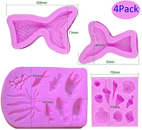 Molde de silicona para fondant, 4 unidades, molde de chocolate, sin BPA, gelatina sin bisfenol A, molde para hornear manualidades, herramienta de decoración para hornear sirena (grande + pequeño)