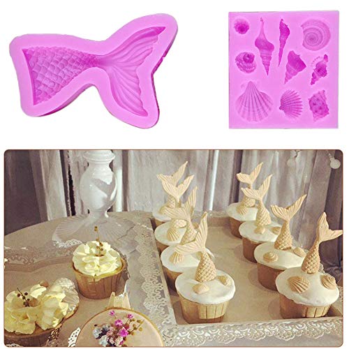 Molde de silicona para fondant, 4 unidades, molde de chocolate, sin BPA, gelatina sin bisfenol A, molde para hornear manualidades, herramienta de decoración para hornear sirena (grande + pequeño)