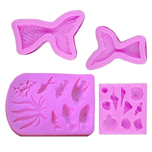 Molde de silicona para fondant, 4 unidades, molde de chocolate, sin BPA, gelatina sin bisfenol A, molde para hornear manualidades, herramienta de decoración para hornear sirena (grande + pequeño)